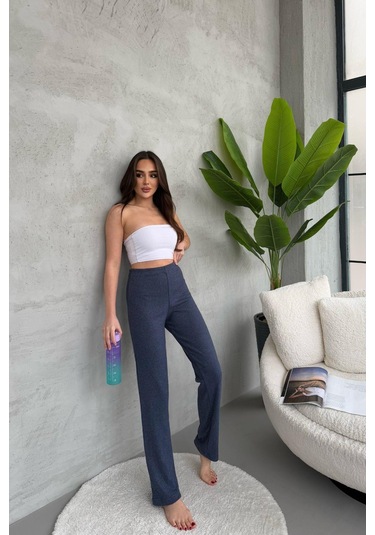 Kadın İndigo Yüksek Bel Fitilli Bol Paça Günlük İnce Eşofman Altı İndigo