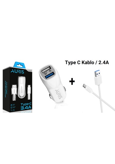 Auris Cr03 3.4a Type C Kablolu Araç Şarj Cihazı Set Oto Çakmaklık