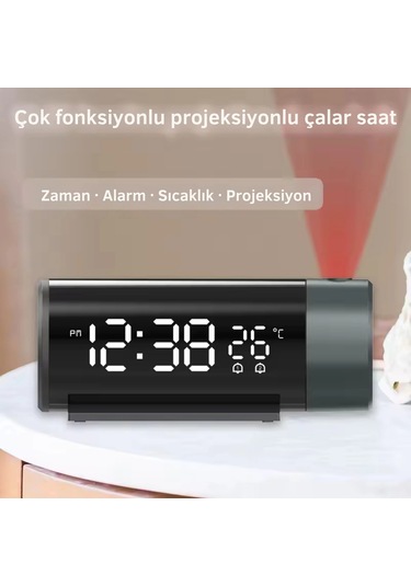 Shopytech Projeksiyonlu Dijital Çalar Saat Çift Alarm Termometre 180 Döner Kırmızı Projeksiyon Otom Siyah