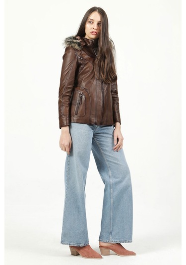 Dericlub Mistral Kadın Kapüşonlu Hakiki Deri Kaban Camel Antik Camel Antik Camel