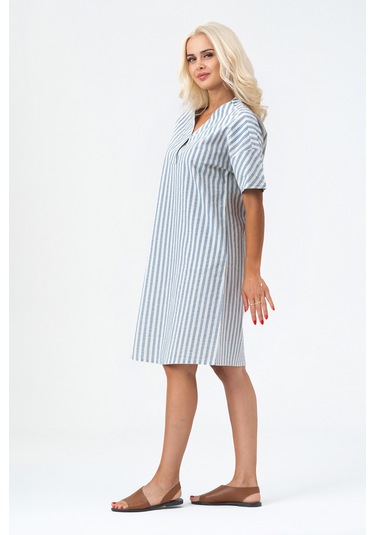 Bold & Young Kadın Cepli V Yakalı Kısa Kollu Pamuklu Elbise Ekru