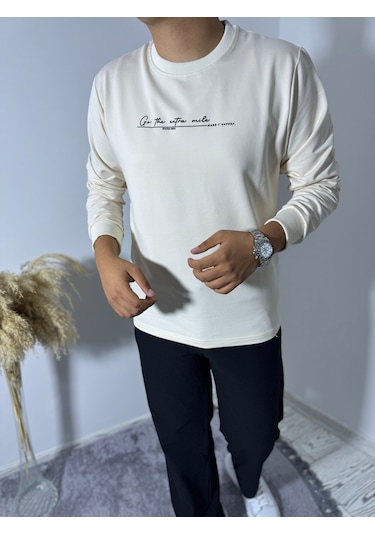 Say-Has Fashion Göğüs Baskılı Bisiklet Yaka Sweatshirt Bej