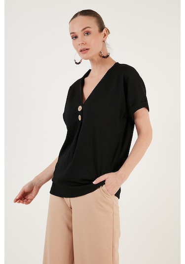 Lela Düğme Detaylı V Yaka Bayan Bluz 5865567 Siyah