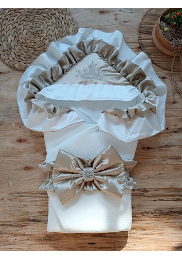 Yenidoğan Mehtap Lüks Kelebek Taç Nakışlı Bebek Battaniyesi Kundak Vizon Vizon