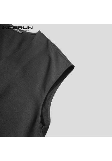 Incerun Erkek Moda Kolsuz Yelek Kemerli Üstler Açık Ön Hırka Düz Renk Yelek Bluz Siyah