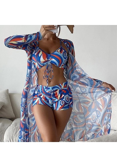 Kadın Mayo Yüksek Bel Bikini Seti Üç Adet Kadın Uzun Kollu Cover Up Mayo Plaj Mayo Mavi