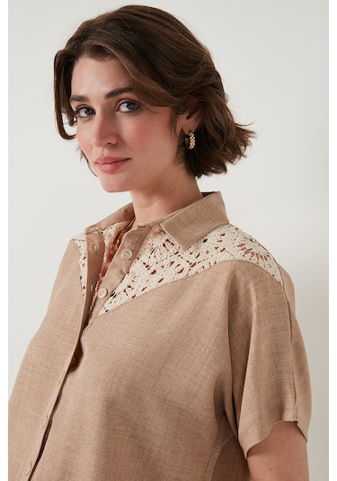 Lela Dantelli Relaxed Fit Kısa Kollu Bayan Gömlek 5865764 Taş