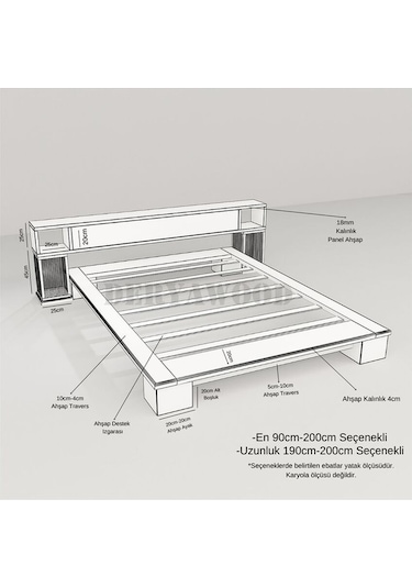 Mar Ahşap Raf Başlıklı Karyola Çift Kişilik-180x200 Cm- Açık Ceviz Renk