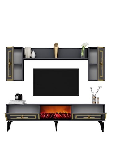 Violla Şömineli Tv Ünitesi Takımı Antrasit-altın