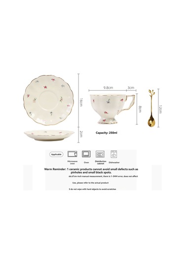 Lemestar Porselen Kahve Fincan Seti 250ml - Büyük Kapasite, Gümüş Kenar, Tabak Ve Kaşık İçeren Fransız Stil Servis Seti Beyaz