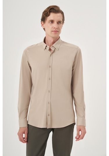 Morven Erkek Bej Örme Slim Fit Düğmeli Yaka Gömlek 25ms004024653 Bej Bej