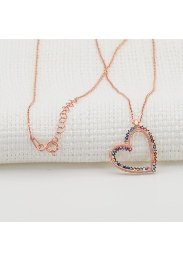 Modagümüşevi 925 Ayar Gümüş Rose Zirkon Taşlı Kalp Desenli Bayan Kolye
