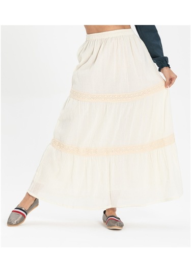 Uzun Şile Bezi Dantelli Etek Krem Krm