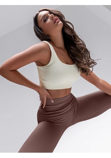 Mistirik Fitilli Tayt Yüksek Bel Örme Kumaş Kahverengi