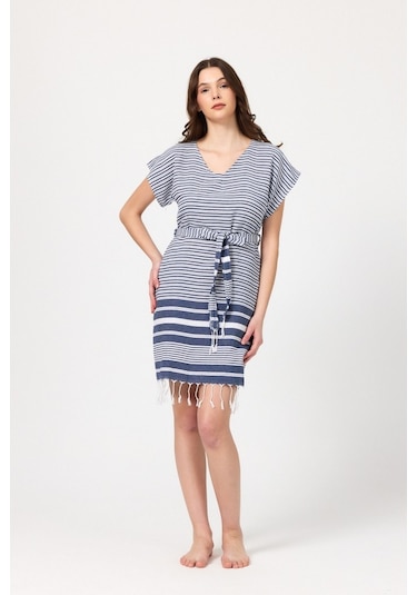 Mulberry Katya Plaj Elbisesi Tunik Pareo %100 Pamuk Lacivert
