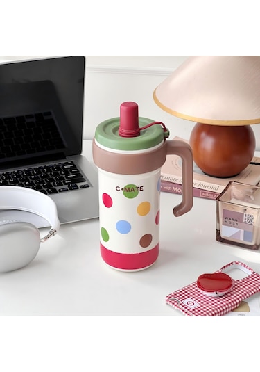 Big Mac Buz Kupası 316 Paslanmaz Çelik Yalıtım Kupası Büyük Kapasiteli Sevimli Kız Yüksek Yüzlü Pipet Kahve Fincanı Kabarcık Dalga Noktası-1000ml