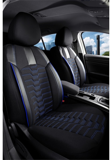 Ford Focus 2 Hatchback Uyumlu Lüx Deri Detaylı Oto Koltuk Kılıfı Ön Arka Takım Platınum Siyah Mavi