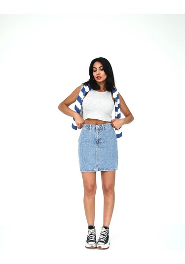 Zeo Basic Eskitme Denim Kumaş Mini Etek Mavi - Eskitme Detaylı
