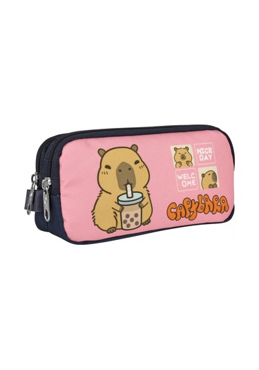 Capybara Kız Çocuk İki Bölmeli Kalem Çantası - Lacivert - Pembe - 5205 Çok Renkli