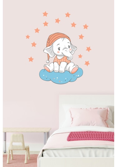 Bulutta Oturan Sevimli Fil ve Yıldızlar Çocuk Odası Duvar Sticker