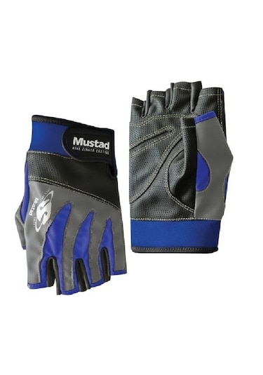 Mustad XL Beden Half Finger Casting Balıkçı Eldiveni Mavi - Siyah