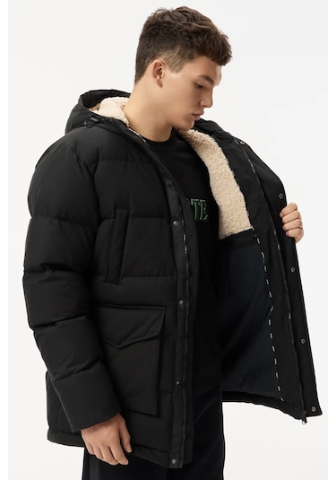 Lacoste Down Fill Mens Jacket Sabit Kapüşonlu Kaz Tüyü Erkek Mont Siyah