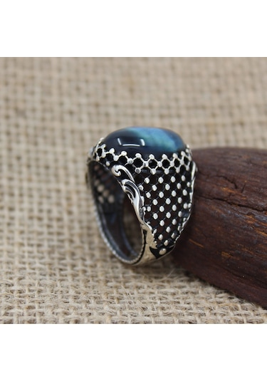 Mavi Kaplangözü Taşlı 925 Ayar Gümüş Şık Erkek Yüzüğü Gümüş