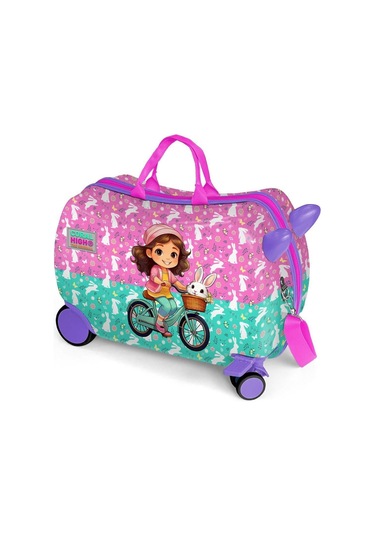 Coral High Otur-çek Kız Çocuk Valizi - Mor Pembe Bisikletli Kız Çok Renkli