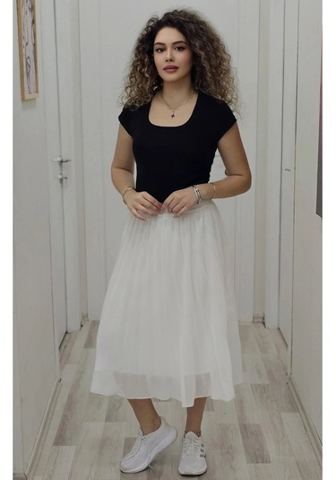 Beli Lastikli Pliseli Etek 6018-beyaz Beyaz