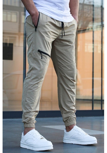 Madmext Bej Fermuar Detaylı Paraşüt Jogger Pantolon Bej
