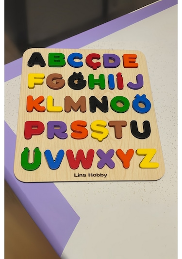 Alfabe Harf Puzzle - Ahşap Tabanlı Ve Pla Harflerden Eğitici Oyuncak 21x25cm Büyük Harfler