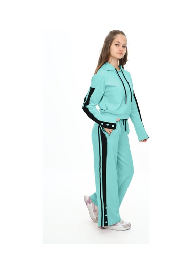Kız Çocuk %100 Pamuk Kapüşonlu Uzun Kol Oversize Alt&üst Eşofman Takımı-eşt-0020 Mint