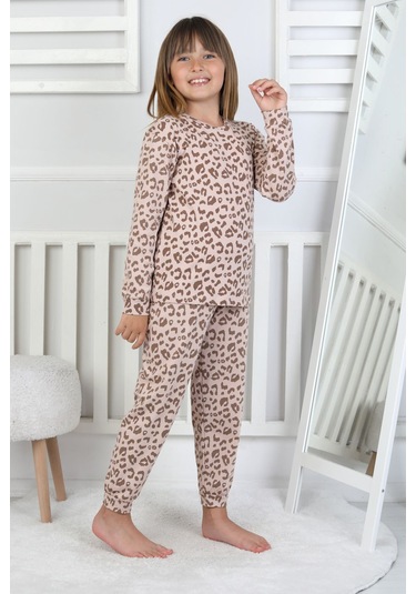 Minik Uyku Avcısı - Vahşi Rahatlık Serisi Leopar Desenli Kız Çocuk Pijama Takımı Kahverengi