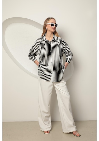 Chıcnhappy Poplin Kalın Çizgi Kadın Gömlek Siyah 24pn50610147 Siyah