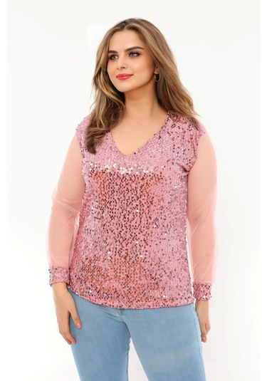 Pullu Kolları Tül Bluz Somon