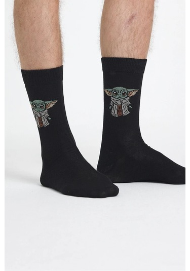 Erkek Pamuklu Özel Desenli Dikişsiz Yumuşak Dokulu Terletmez Rahat Esnek Soket Çorap Siyah-yoda