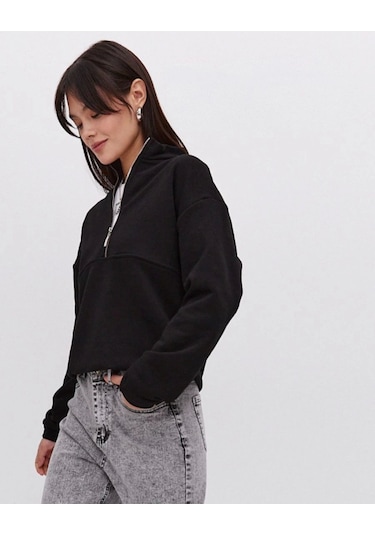 Oversize Yarım Farmuarlı Yakalı Basic Sweatshirt - Siyah Siyah