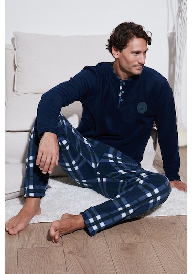 Buratti Regular Fit Bisiklet Yaka Kışlık Yumuşak Dokulu Polar Erkek Pijama Takımı 6096100 Lacivert