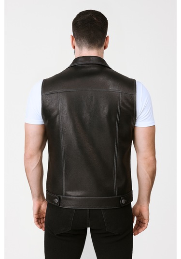Derije Arthur Hakiki Jumbo Deri Erkek Siyah Biker Motorcu Tarzı Yelek
