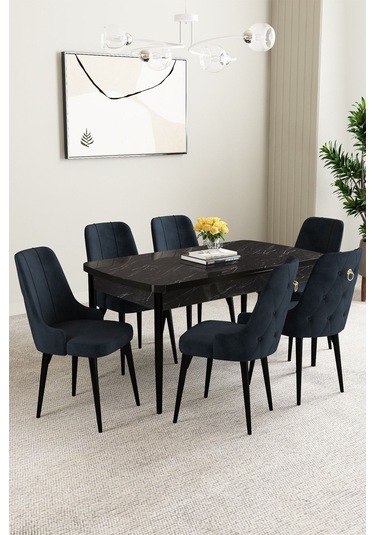Mabel Siyah Mermer Desen 80x132 Açılabilir Yemek Odası Takımı 6 Adet Sandalye Antrasit