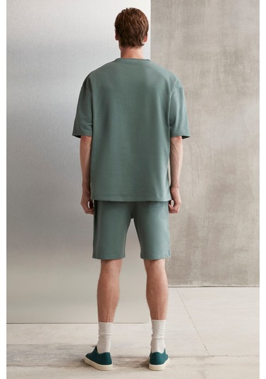 Colombıa Erkek 2'li Set Comfort Fit Rahat Kalıp Yazı Nakışlı Şardonsuz Yeşil Eşofman Takımı