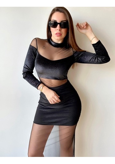 Kadın Balıkçı Yaka Transparan Dekolteli Fırsat Ürün Elbise Siyah