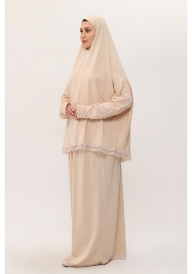 Bej İki Parça Namaz Elbisesi Pamuk Kumaş Dantelli 2205 12 Bej