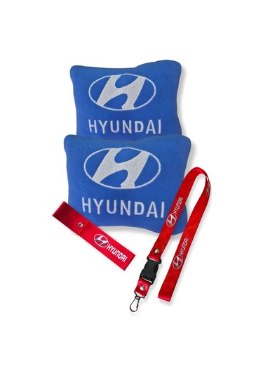 Hyundai Nakışlı Mavi Polar Ortopedik Seyahat Araç Boyun Yastığı / Oto Ayna Askısı & Tampon Çeki İpi Mavi