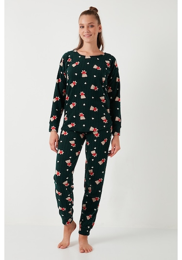 Lela Standart Fit Bisiklet Yaka Bayan Pijama Takımı 6093735 Yeşil
