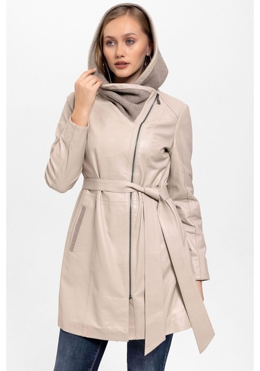 Bej Julia Triko Kapüonlu Kemerli Hakiki Kadın Deri Kaban-bej Bej