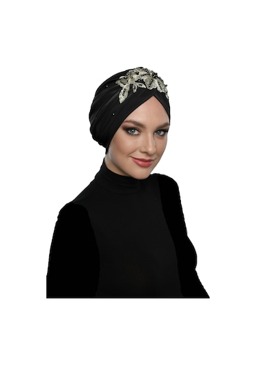 Kopma Astarlı İşlemeli Siyah Sarı Dantel Motifli Hazır Türban Tesettür Abiye Bone Siyah - Sarı