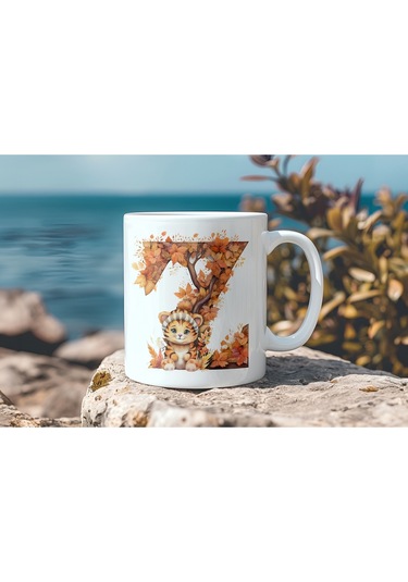 Z Harf Sonbahar Yaprak Temalı Kupa Bardak - Sevimli Figürler İle Alfabe Harfli Bardak - Kişiye Özel Beyaz