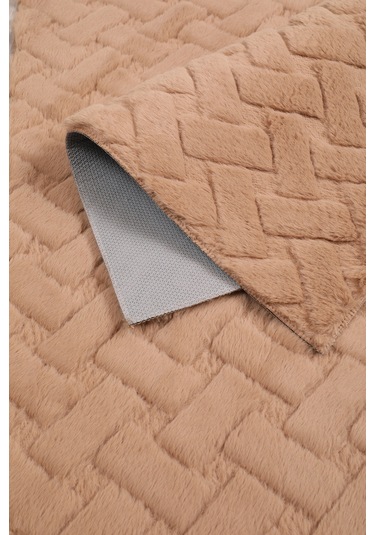 Desenli Tavşan Tüyü Yumuşak 2 Li Banyo Paspası Kaymaz Tabanlı Klozet Takımı Camel Camel