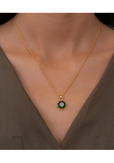 Bayar Gold 14 Ayar Altın Yeşil Taşlı Telkari Kolye Sarı Altın